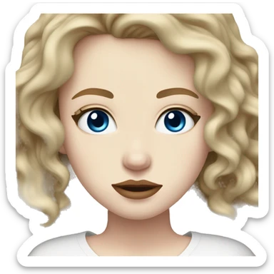 very pale skin, very wavy dark blonde hair, blue eyes, big lips, white shirt sticker