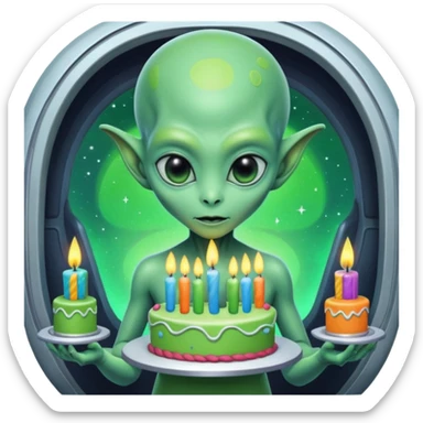 A detailed alien holding a colorful birthday cake with lit candles, standing inside a futuristic spaceship, cinematic lighting, ultra realistic textures, high resolution, dramatic shadows, sci-fi atmosphere
 sticker