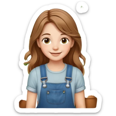 Fair skin, light brown hair, farm girl with dungarees, plants around, smiling sticker
