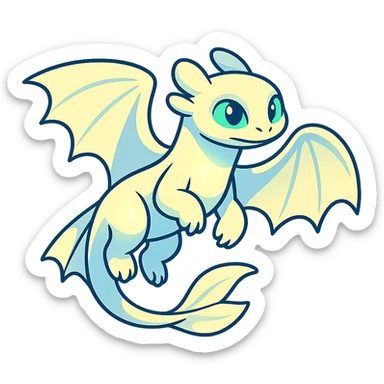elegant and glowing Light Fury dragon, inspired by How to Train Your Dragon, dynamic cartoon style sticker