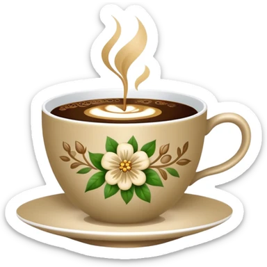 Cinematic Realistic sophisticated cup filled with khaki coffee with flower ornament sticker