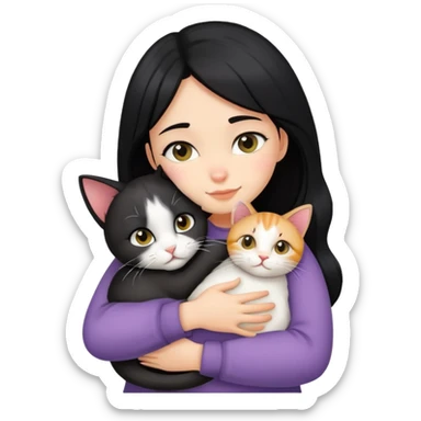 A black-haired girl hugging a cat sticker