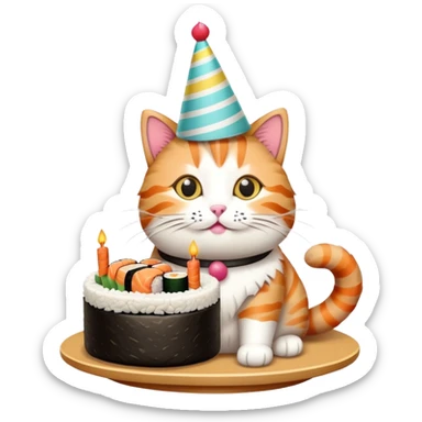 cat with a birthday cake made out of sushi sticker