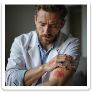 realistic man with red, inflamed rash on arm, gently touching it with concern, soft lighting, neutral home or clinical background, medical realism, dermatology focus, 4K sticker