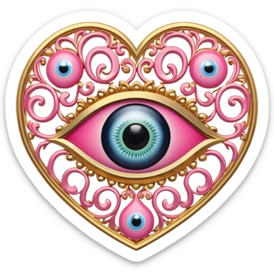 Turkish pink evil-eye circular symbol inside of a gold heart sticker