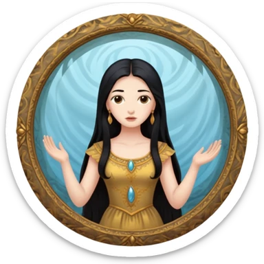 Woman facing ancient mirror, reflection slightly delayed and darker sticker