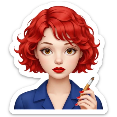Alluring French girl french wavy textured bob haircut tousled hair red lips and cigarette sticker