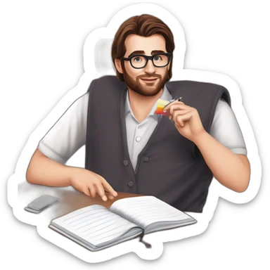 demonstrating his tongue Pale skinned Fit Man With dark brown hair in gray jacket, beige office shirt, Brown pants and vintage glasses sitting In a soft chair with a notebook and a pen sticker