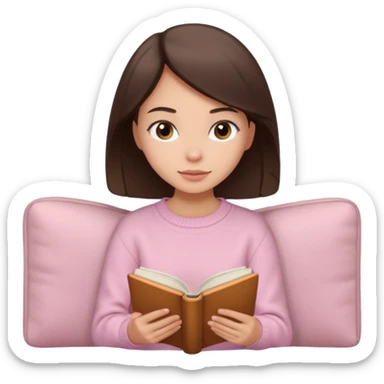 Pretty brown eyed brunette girl with light pink sweater reading cozy sticker