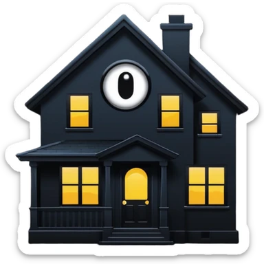 Minimalist emoji-style sticker of a house silhouette at night with a single lit window, and an eye visible inside. Flat, dark, quiet style.
 sticker