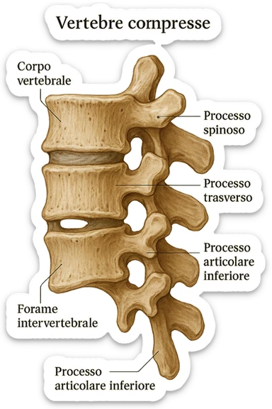 Realistic anatomical illustration focusing exclusively on compressed vertebrae in lateral view, no background, anatomical details, with captions in Italian, aspect ratio 2:3. sticker