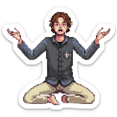 anxious man with hands outstretched in begging position with worried fearful expression sticker