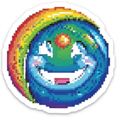 planet with rainbow gradient surface and a big happy smile sticker