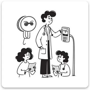 A doctor in a hospital surrounded by an x-ray machine and heart rate monitor a nurse treating patients sticker