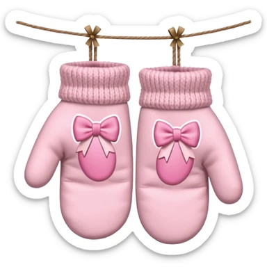 pastel pink pair of mittens connected by string and a bow sticker