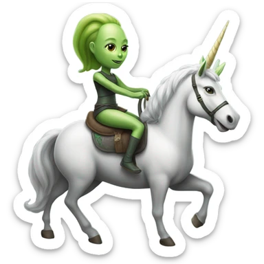 a green  alien woman on a grey white unicorn sticker