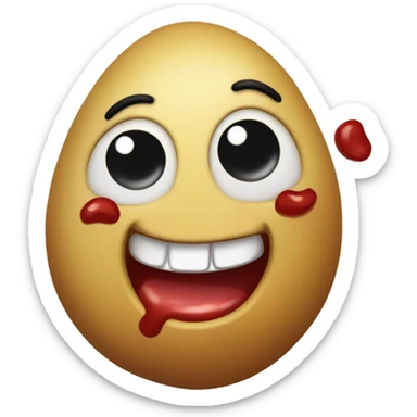 Tiny potato laughing with squinty eyes and ketchup tears sticker