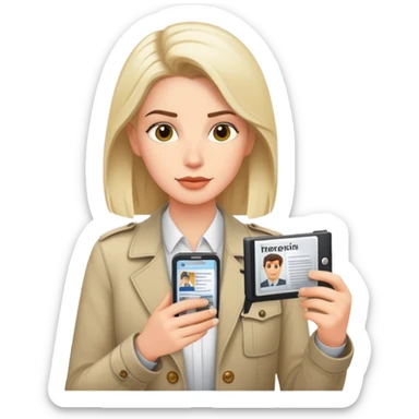 white gender neutral journalist reviewing printed photos, press badge visible sticker