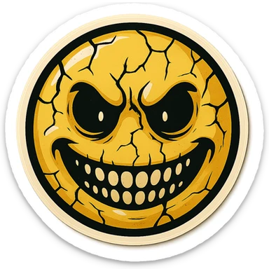 creepy scary emoji with cracks, retro stickers style, sharp black outlines, expressive shadows and highlights, no gradients, only sharp color transitions sticker