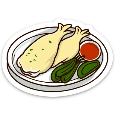 Singapore Hainanese chicken rice with cucumber and chili sauce sticker