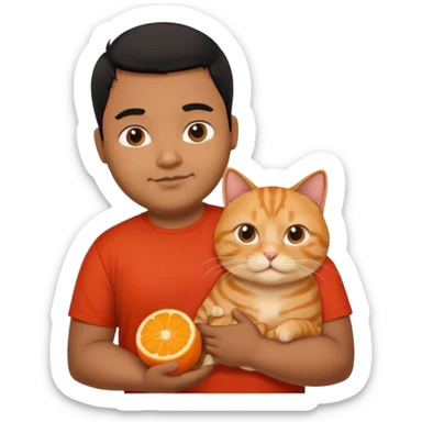Indian black chubby guy with black hair in red t-shit with orange cat sticker
