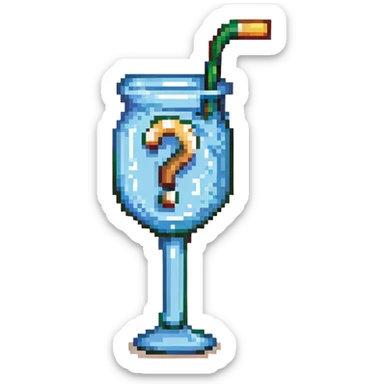 silhouette of a glass with a straw covered by a question mark, pixel art style sticker