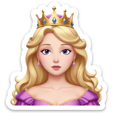 Cinematic Realistic Sleeping Beauty (Aurora) Portrait, with porcelain-like skin featuring a natural rosy flush, illuminated by soft lighting that highlights the gentle contours of her face. Her golden blonde hair flows in soft, detailed waves with subtle highlights that shimmer in the light. Her deep violet-blue eyes radiate warmth and innocence, framed by arched brows and long lashes. Her serene expression exudes quiet elegance. She is dressed in her classic pink gown, the fabric rich in texture with delicate folds that catch the light. A golden crown rests atop her head, gleaming with royal refinement. The portrait captures a soft, glowing aura, blending realism with an ethereal sense of beauty and timeless enchantment. sticker