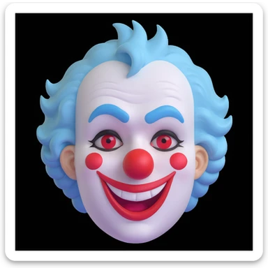 portrait-style cartoon of a sad clown, white face paint, red nose, minimalist makeup with drooping eyebrows and frown, visible tears under the eyes, short curly pastel blue hair, simple ruffled collar, soft subdued colors, glossy highlights, emoji-like, centered close-up, white background sticker