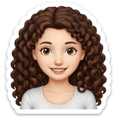 aesthetic white girl with dark brown long curly hair and black eyes  , white top sticker