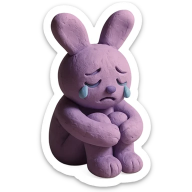 lilac bunny hugging knees while crying, soft emotional expression, matte plasticine claymation style with visible fingerprints sticker