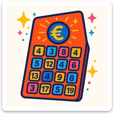 whimsical cute lottery ticket illustration, random number boxes, glowing euro symbol, sparkles, bright cartoonish lucky feel, no text or logos, white background sticker