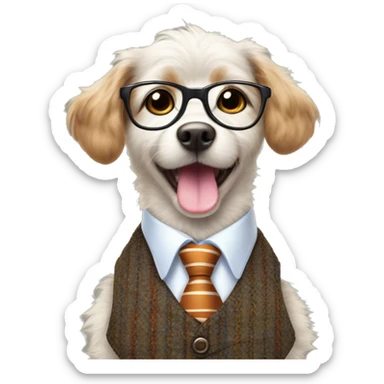 
The dog is small and fluffy, wearing a tweed vest, striped tie, and round glasses, giving it a playful, intelligent look. Its bright eyes and joyful expression, with its tongue sticking out, add to its cheerful charm sticker