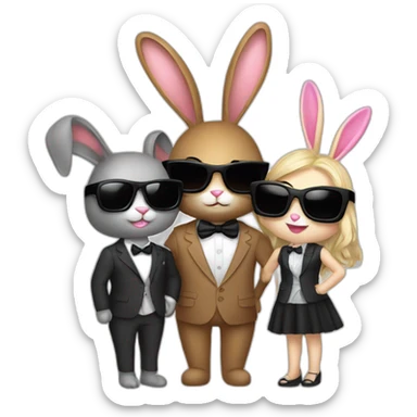 A bunny in sunglasses and a bowtie suit who hugs two model girls sticker