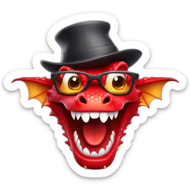 Crazy funny red dragon head with human white teeth and beautiful smile wearing glasses and hat sticker