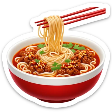 Chengdu Dan Dan Noodles with minced pork and chili oil, simplified emoji style with bold outlines and bright colors, cartoon style Sichuan street food in bowl sticker