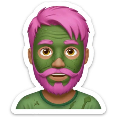 pink haired man with full full face dirty messy green clay mask and beard sticker