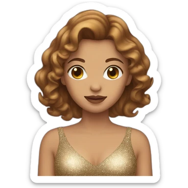 female with brown wavy hair dressed in a glitter dress sticker