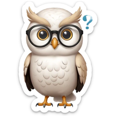 Small white elegant owl with glasses on looking at a puffy black question mark in a white thought bubble sticker