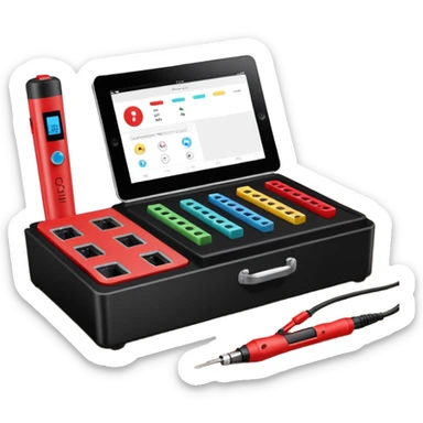Open professional black testing case on wooden desk. Interior: control panel with colored sockets, USB ports, and power outlet. Inside: a roll of white QR-code calibration stickers. Hand using a red test probe.  sticker