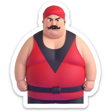 Close-up of morbidly obese white skin guy with young face, prominent BLACK DURAG tied clearly on head, distinct black beard and mustache, no muscle, black eyes in a red and black wrestling singlet with angry face sticker