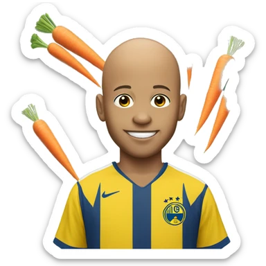 A bald boy wearing a yellow Neymar jersey holding carrots sticker