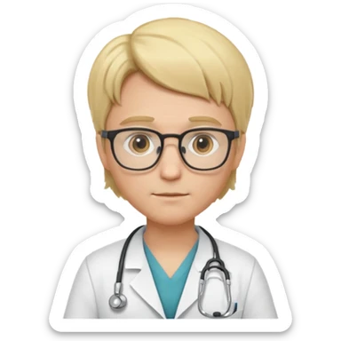 This is a cartoon-style avatar of a doctor with blond hair, glasses, and a neutral expression sticker