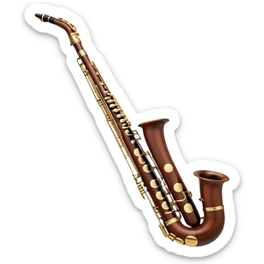 Create an elegant and detailed emoji representing a professional bassoon. The design should feature the sleek wooden body of the bassoon with its rich wood tones, showing the intricate keywork and metal springs. The metal tubing of the instrument should be clearly visible, with polished brass accents. Highlight the bell and the distinctive, curved shape of the instrument. The mouthpiece and reed should be visible at the top, emphasizing the functional details. Use warm wood tones like dark brown, with gold and brass accents for the keys and fittings. Add soft musical notes or soundwaves to represent the deep, resonant sound of the bassoon. The background should be transparent. sticker