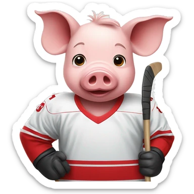Pig with a red hockey jersey and a hockey stick sticker
