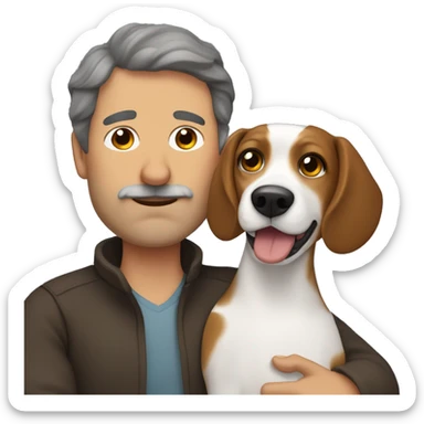 Beagle cuddles middle age man with curly dark brown  hair without beard  sticker