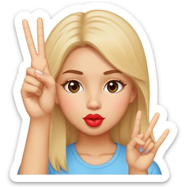 Girl making kissy face holding up peace sign sticker