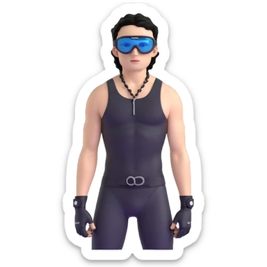 shirtless male athlete with white skin and moderately curly black hair on top with shaved sides, wearing black ski goggles with very dark heavily tinted black lenses that completely hide the eyes, and a simple plain black chain necklace, no earrings sticker