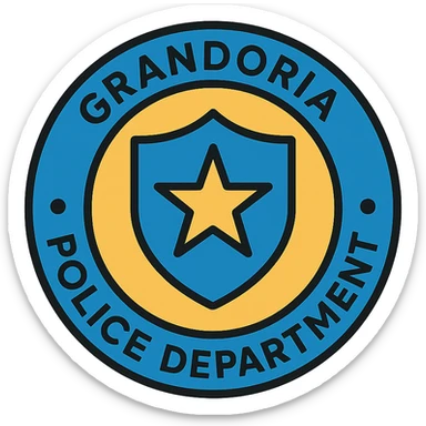 round police department logo with 'GRANDORİA POLİCE DEPARTMENT' text, star or shield, blue and gold color scheme, formal and authoritative style, detailed lineal color icon style sticker
