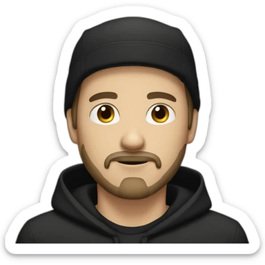 White man with goatee beard, black cap and black hood sticker
