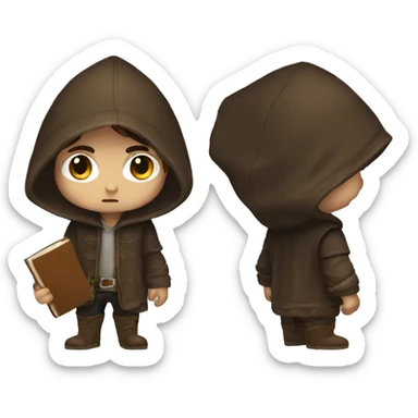human male rogue with brown hair holding a book wearing a hood angry sticker